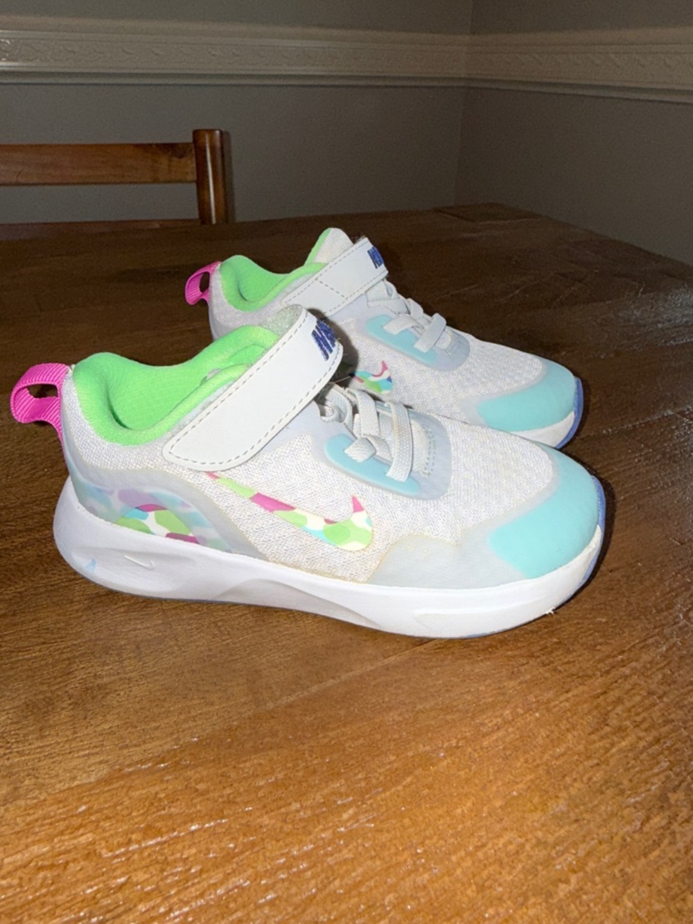 Nike Kids White Sneakers with Light Blue, Neon Green & Pink Accents